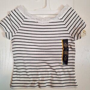 Ivory short sleeve shirt with black stripes lace neck